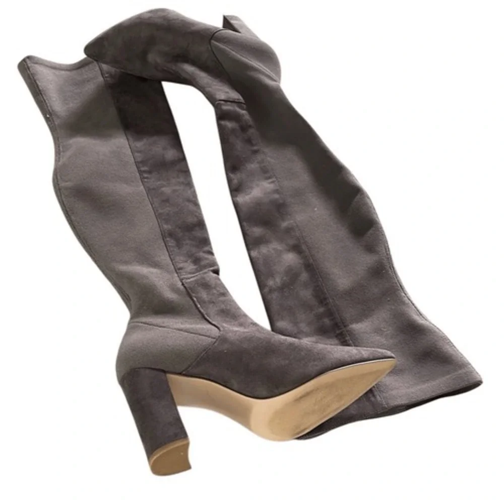 Everley Over‎ The Knee Boots Women 10M Grey Taupe Faux Suede Block Heel Pointed